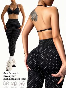Dewbera Dewbera Women's Minimalist Polka Dot Print Pleated Halter Tank Top And Slim Fit Long Pants Sports Set - Black - View 2