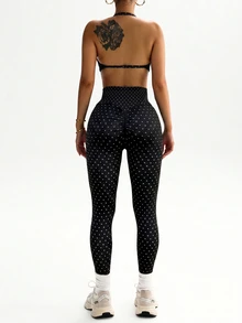 Dewbera Dewbera Women's Minimalist Polka Dot Print Pleated Halter Tank Top And Slim Fit Long Pants Sports Set - Black - View 4