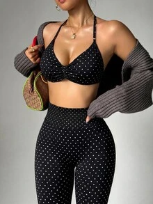 Dewbera Dewbera Women's Minimalist Polka Dot Print Pleated Halter Tank Top And Slim Fit Long Pants Sports Set - Black - View 3