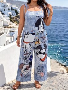 SHEIN Plus Size Women's Spring/Summer Casual Loose Fit Jumpsuit With Positioned Print Pattern, Straps And Tie Detail, Vacation Baby Blue - Multicolor - View 4