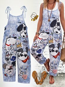 SHEIN Plus Size Women's Spring/Summer Casual Loose Fit Jumpsuit With Positioned Print Pattern, Straps And Tie Detail, Vacation Baby Blue - Multicolor - View 2