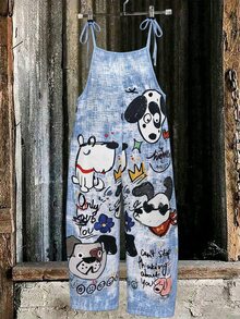 SHEIN Plus Size Women's Spring/Summer Casual Loose Fit Jumpsuit With Positioned Print Pattern, Straps And Tie Detail, Vacation Baby Blue - Multicolor - View 3