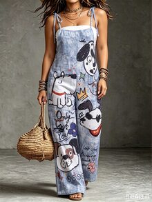 SHEIN Plus Size Women's Spring/Summer Casual Loose Fit Jumpsuit With Positioned Print Pattern, Straps And Tie Detail, Vacation Baby Blue - Multicolor - View 9