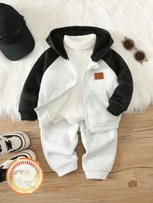 SHEIN 2pcs/Set Baby Boy Autumn/Winter Cute Colorblock Knit Cartoon Pattern Hooded Sweatshirt & Long Pants Set, Infant Sweatshirt Set - Multicolor - View 4