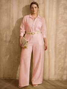 MOTF PREMIUM PLUS SIZE SOLID LONG SLEEVE LACE INSERT SHIRT & WIDE LEG PANTS SET WITHOUT BELT - Baby Pink - View 6