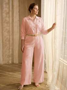 MOTF PREMIUM PLUS SIZE SOLID LONG SLEEVE LACE INSERT SHIRT & WIDE LEG PANTS SET WITHOUT BELT - Baby Pink - View 1