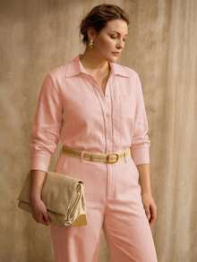 MOTF PREMIUM PLUS SIZE SOLID LONG SLEEVE LACE INSERT SHIRT & WIDE LEG PANTS SET WITHOUT BELT - Baby Pink - View 8