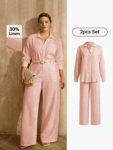 MOTF PREMIUM PLUS SIZE SOLID LONG SLEEVE LACE INSERT SHIRT & WIDE LEG PANTS SET WITHOUT BELT - Baby Pink - View 3