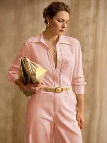 MOTF PREMIUM PLUS SIZE SOLID LONG SLEEVE LACE INSERT SHIRT & WIDE LEG PANTS SET WITHOUT BELT - Baby Pink - View 4