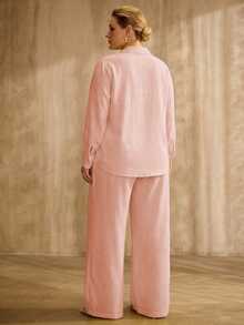 MOTF PREMIUM PLUS SIZE SOLID LONG SLEEVE LACE INSERT SHIRT & WIDE LEG PANTS SET WITHOUT BELT - Baby Pink - View 2
