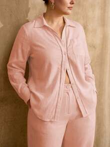 MOTF PREMIUM PLUS SIZE SOLID LONG SLEEVE LACE INSERT SHIRT & WIDE LEG PANTS SET WITHOUT BELT - Baby Pink - View 7
