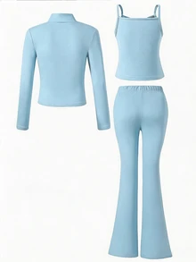 SHEIN Sparklyn 甜美粉色3件套！立領夾克 + 吊帶背心 + 喇叭褲，秋季穿搭，一套搞定日常造型，修身不緊繃 - 淺藍色 - 查看 2