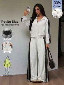 SHEIN PETITE Women's Black And White Stripe Zip-Up Hoodie And Pants Casual Athleisure Set Back-To-School Travel Fall Gym - White - View 5