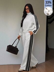 SHEIN PETITE Women's Black And White Stripe Zip-Up Hoodie And Pants Casual Athleisure Set Back-To-School Travel Fall Gym - White - View 7