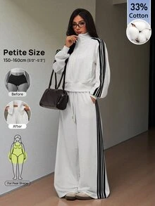 SHEIN PETITE Women's Black And White Stripe Zip-Up Hoodie And Pants Casual Athleisure Set Back-To-School Travel Fall Gym - White - View 6