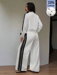 SHEIN PETITE Women's Black And White Stripe Zip-Up Hoodie And Pants Casual Athleisure Set Back-To-School Travel Fall Gym - White - View 2