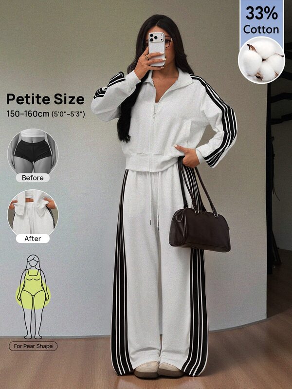 SHEIN PETITE Women's Black And White Striped Zip-Up Hoodie And Pants Casual Set Back-To-School Travel Autumn