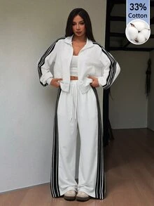 SHEIN PETITE Women's Black And White Stripe Zip-Up Hoodie And Pants Casual Athleisure Set Back-To-School Travel Fall Gym - White - View 3