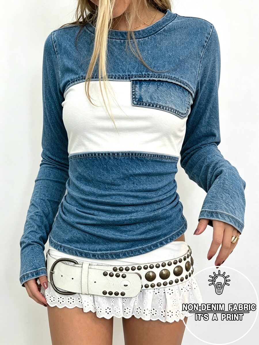 INAWLY Women's Colorblock Patchwork Denim Effect Print T-Shirt - Multicolor - View 1