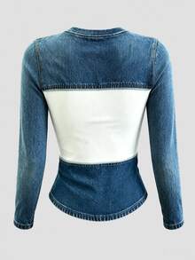 INAWLY Women's Colorblock Patchwork Denim Effect Print T-Shirt - Multicolor - View 2