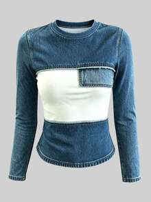 INAWLY Women's Colorblock Patchwork Denim Effect Print T-Shirt - Multicolor - View 3