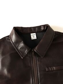 SHEIN 青少年女孩秋冬新款棕色美式復古水洗PU短夾克外套 - 咖啡棕 - 查看 4