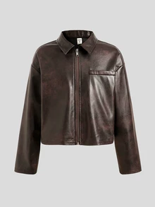 SHEIN 青少年女孩秋冬新款棕色美式復古水洗PU短夾克外套 - 咖啡棕 - 查看 3