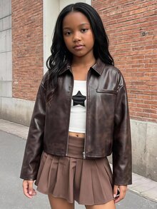 SHEIN 青少年女孩秋冬新款棕色美式復古水洗PU短夾克外套 - 咖啡棕 - 查看 1