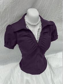 Elamini V-Neck Ruched Bust Women's Fitted Short Sleeve Blouse (Consider Sizing Up If Bust Is Large), Fashionable & Versatile For Office Wear - Purple - View 5