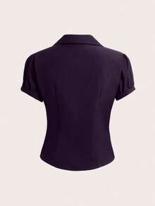 Elamini V-Neck Ruched Bust Women's Fitted Short Sleeve Blouse (Consider Sizing Up If Bust Is Large), Fashionable & Versatile For Office Wear - Purple - View 2