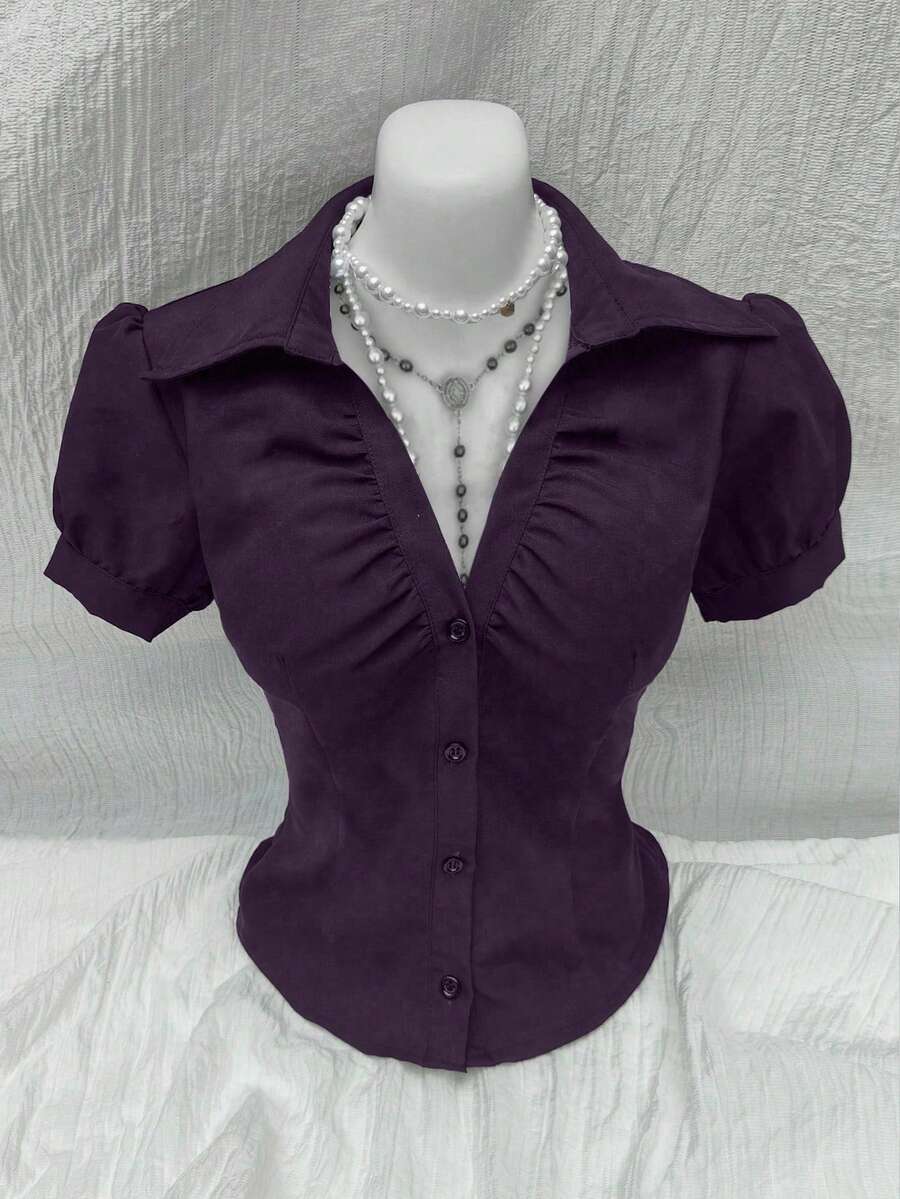Elamini V-Neck Ruched Bust Women's Fitted Short Sleeve Blouse (Consider Sizing Up If Bust Is Large), Fashionable & Versatile For Office Wear - Purple - View 1