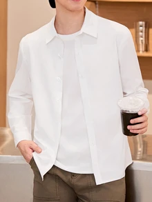 SHEIN 青少年男生校服休闲修身衬衫，适合各种活动和毕业典礼穿着 - 白色 - 查看 3