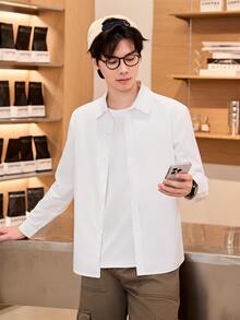 SHEIN 青少年男生校服休闲修身衬衫，适合各种活动和毕业典礼穿着 - 白色 - 查看 2