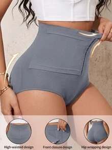 Coutiva Women's Solid Color Waist Front Button Design Shaping Triangle Panties - Dark Grey - View 4