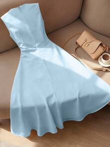 GlowEve Women's Summer Sleeveless Pleated Yellow Dress, Elegant Dress - Blue - View 2