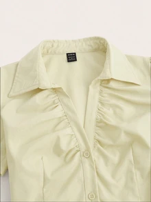 Elamini Women's Soft Yellow V-Neck Ruched Fitted Short Sleeve Blouse,70s Vintage Style,Elegant Classy Summer Office Work Tops & Formal Attire Shirts,Office - Light Yellow - View 3