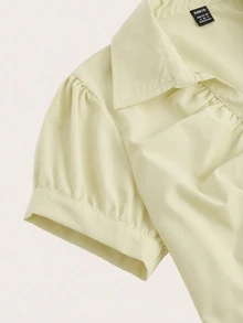 Elamini Women's Soft Yellow V-Neck Ruched Fitted Short Sleeve Blouse,70s Vintage Style,Elegant Classy Summer Office Work Tops & Formal Attire Shirts,Office - Light Yellow - View 4