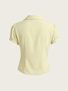 Elamini Women's Soft Yellow V-Neck Ruched Fitted Short Sleeve Blouse,70s Vintage Style,Elegant Classy Summer Office Work Tops & Formal Attire Shirts,Office - Light Yellow - View 2