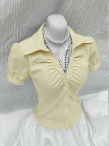 Elamini Women's Soft Yellow V-Neck Ruched Fitted Short Sleeve Blouse,70s Vintage Style,Elegant Classy Summer Office Work Tops & Formal Attire Shirts,Office - Light Yellow - View 5