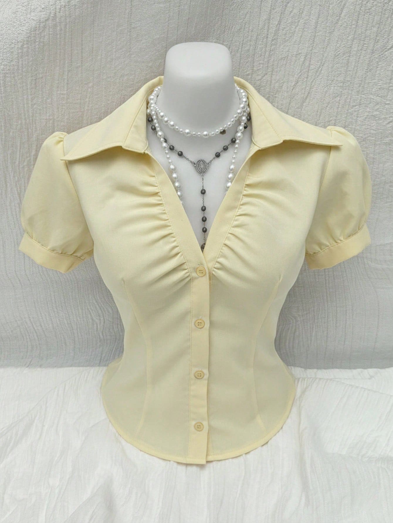 Elamini Women's Soft Yellow V-Neck Ruched Fitted Short Sleeve Blouse,70s Vintage Style,Elegant Classy Summer Office Work Tops & Formal Attire Shirts,Office - Light Yellow - View 1