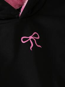 SHEIN 青少年女孩黑色連帽衛衣 粉色蝴蝶結緞帶刺繡撞色抓絨內裡套頭上衣 校園休閒上衣 - 黑色 - 查看 7