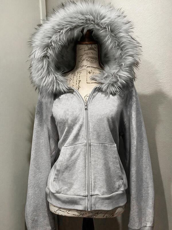 SHEIN Sparklyn 1pc Girls' Hooded Long Sleeve Zip-Up Jacket With Bow Knot Embroidery On Back And Sleeves School Career Grey Autumn Slick