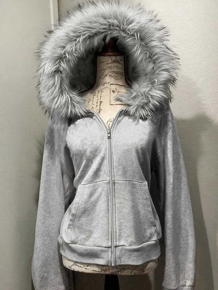 SHEIN Sparklyn 1件女童連帽長袖拉鍊夾克,背面與袖子飾有蝴蝶結刺繡,灰色,秋季校園風亮面外套 - 淺灰色 - 查看 1