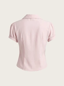 Elamini V领褶皱露胸收腰修身短袖女式衬衫（如果胸围较大，建议选择大一码），时尚百搭，适合办公室穿着。 - 藕粉色 - 查看 2