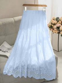 Modelyn Women's Mid-Length Elastic Waist Eyelet Embroidery Fall Skirt, Spring/ - Baby Blue - View 3