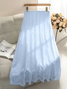 Modelyn Women's Mid-Length Elastic Waist Eyelet Embroidery Fall Skirt, Spring/ - Baby Blue - View 8