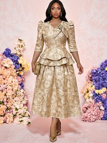 Fleurora 大尺碼女款緹花優雅派對場合裙 - 金色 - 查看 9