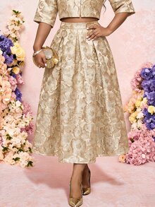 Fleurora 大尺碼女款緹花優雅派對場合裙 - 金色 - 查看 4