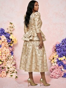 Fleurora 大尺碼女款緹花優雅派對場合裙 - 金色 - 查看 3