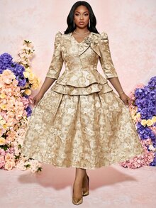 Fleurora 大尺碼女款緹花優雅派對場合裙 - 金色 - 查看 5